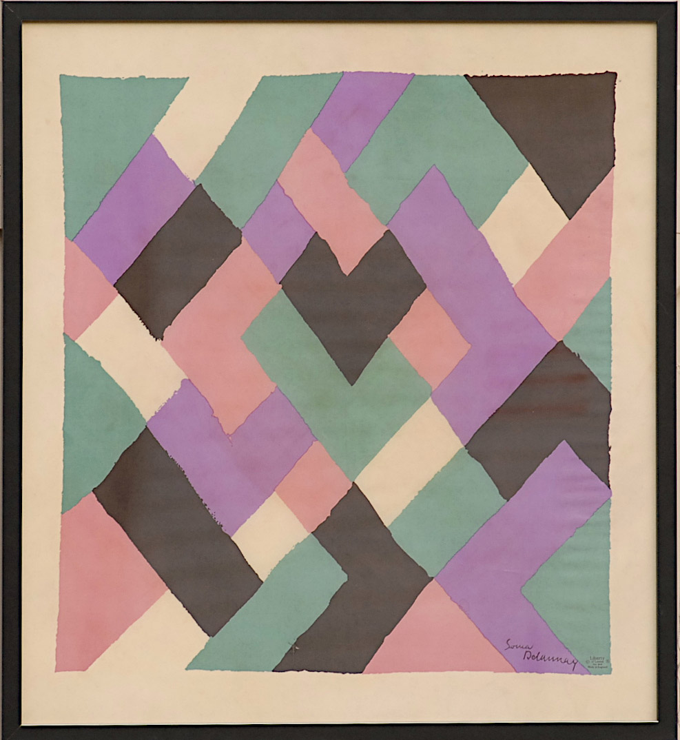 SONIA DELAUNAY Abstract silk, signed in the plate, 80cm x 74cm framed and glazed.