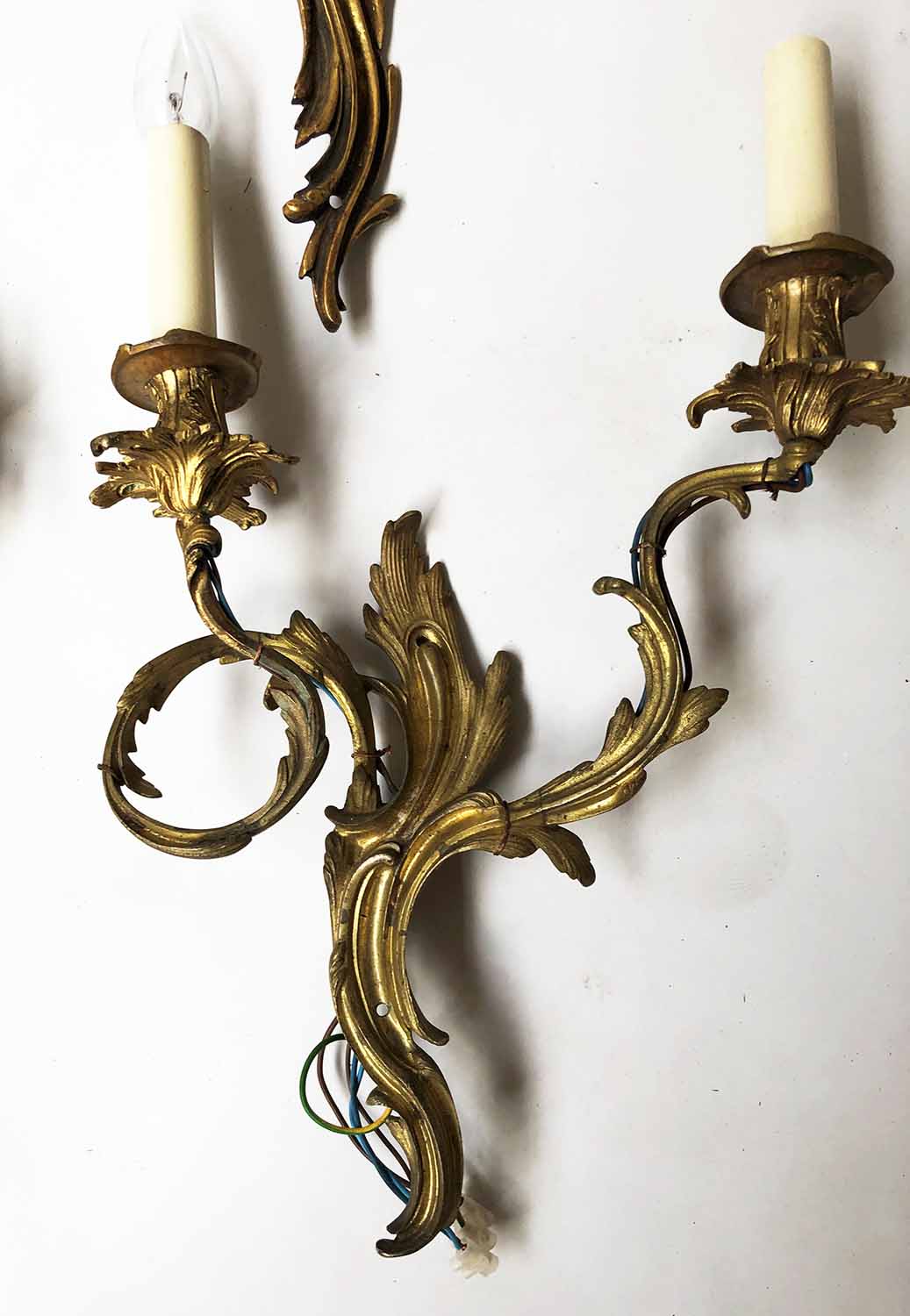 WALL LIGHTS, a set of three, Louis XV style, gilt metal, each foliate two branch, - Image 2 of 4