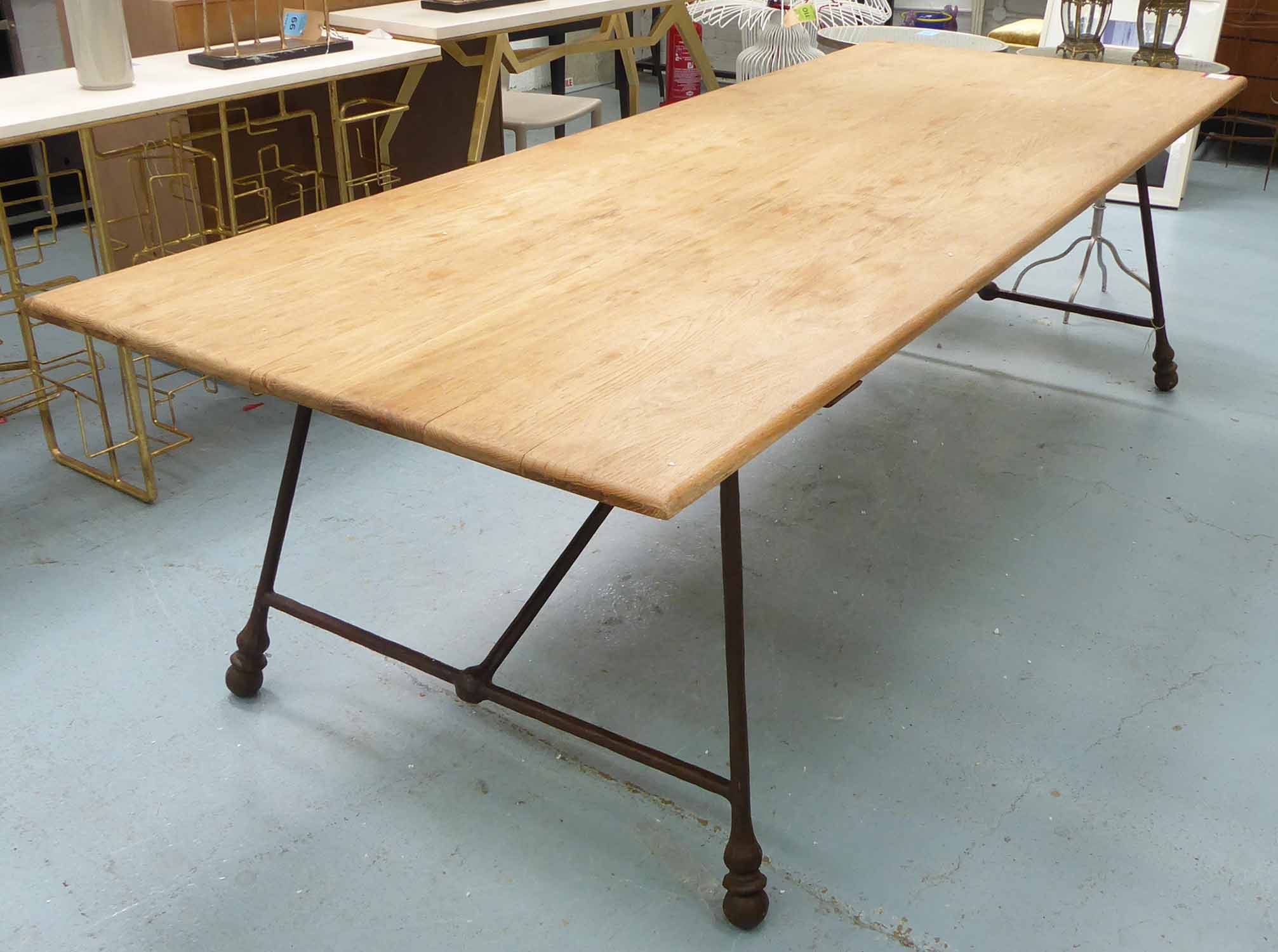 MALLORCAN DINING TABLE, formed metal base with rustic finish top, 260cm x 100cm x 75cm H.