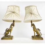 TABLE LAMPS, a pair, early 20th century brass horse design with Laura Ashley silk shades, 37cm H.