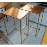 SIDE TABLES, a pair, contemporary coppered finish top, on gilt supports, 70cm H.