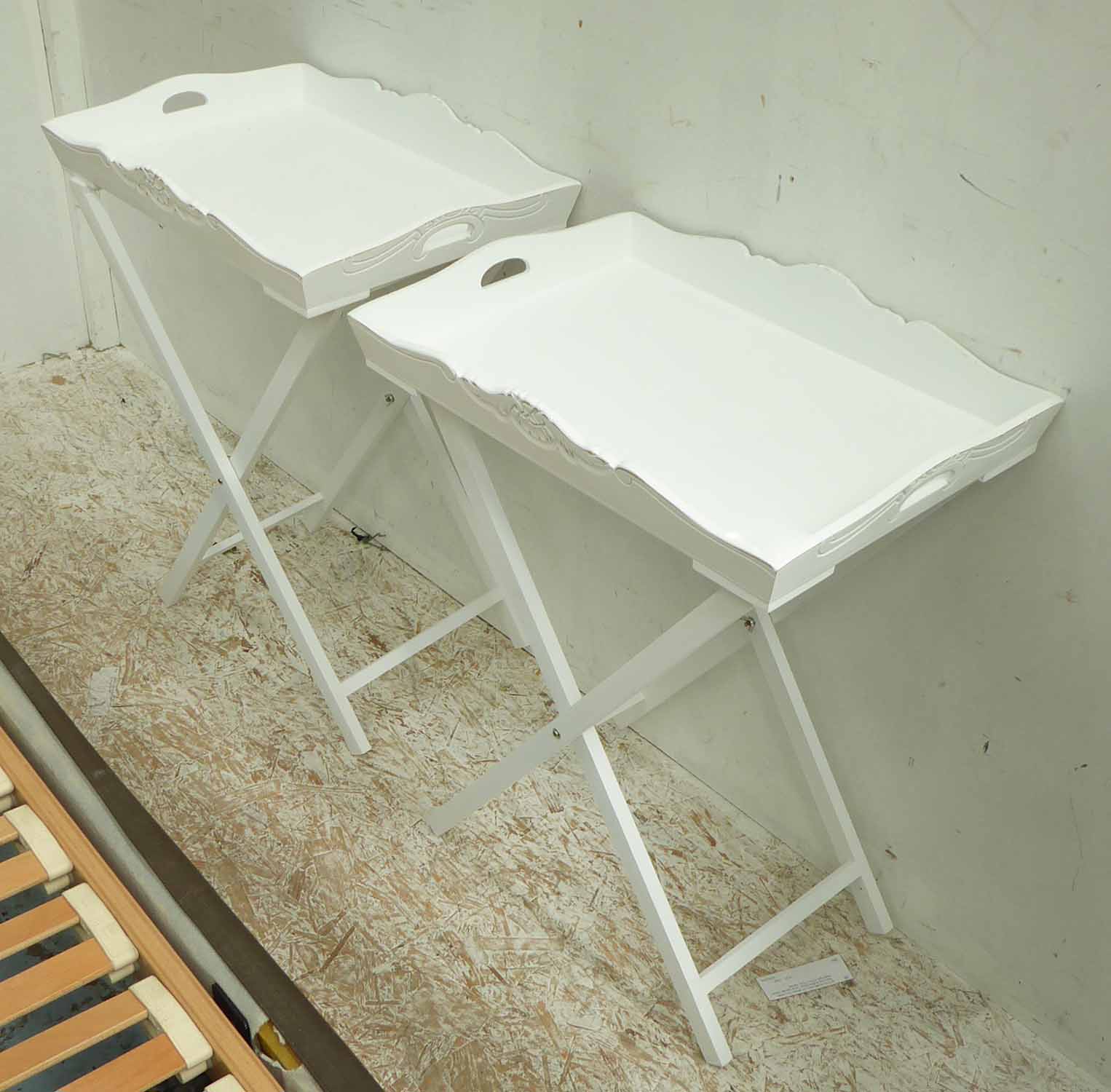 TRAY TABLES, a pair, in The Hamptons style, white painted finish, 56cm x 40cm x 73cm.