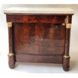 EMPIRE SIDE CABINET, 19th century French empire flame mahogany and gilt mounted with frieze drawer,
