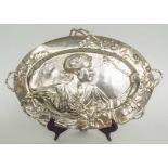 ART NOUVEAU TRAY, polished pewter, head and shoulders young female with trailing brambles,