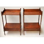 LAMP TABLES, a pair, George III design, figured mahogany, two tier with drawer,