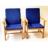 MOGENSEN ARMCHAIRS, a pair, oak framed with contemporary worsted blue cloth upholstery, 62cm W.