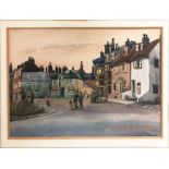 MARJORIE BYWATER (1903-1982), 'Village scene with figures', watercolour, 31cm x 22cm, signed,