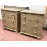 BEDSIDE CHESTS, a pair, grey painted each with three drawers raised on bun supports,