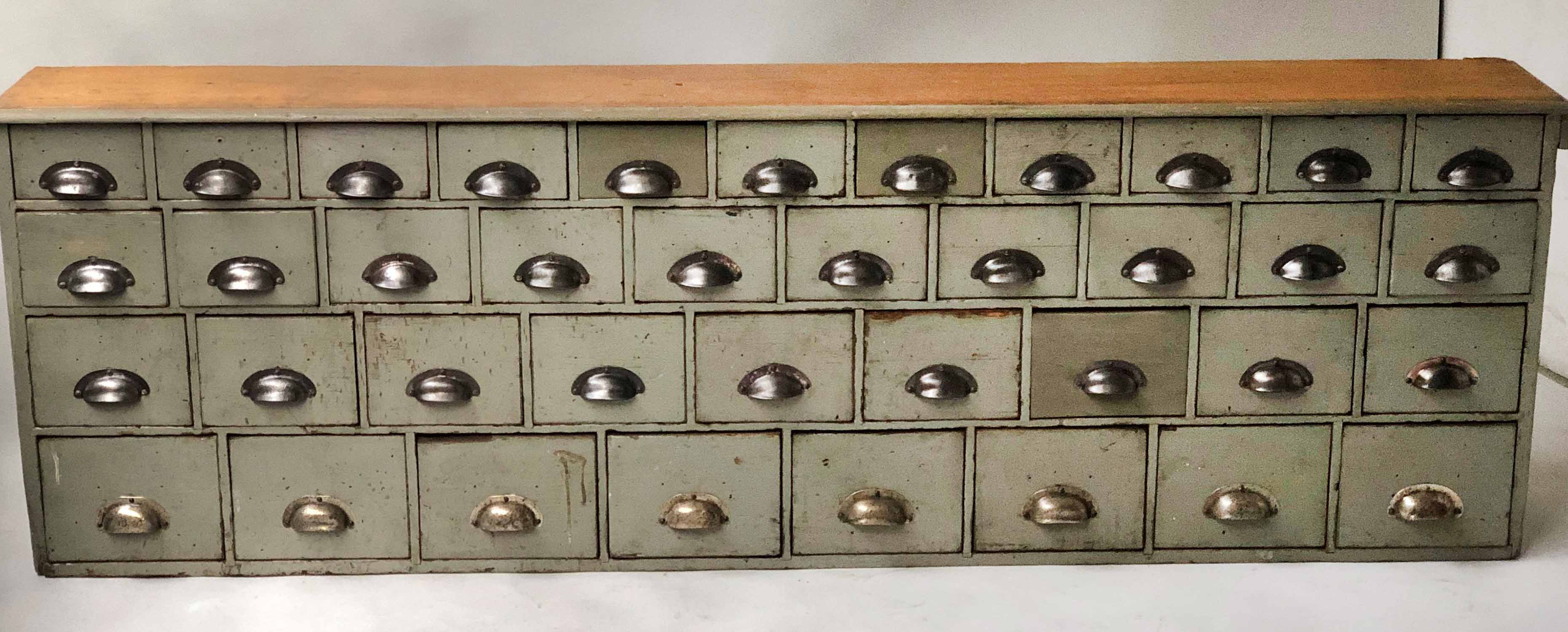 BANK OF DRAWERS, early 20th century vintage English grey painted with thirty eight short drawers,