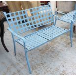 GARDEN BENCH, Hollywood Regency style, blue painted finish, 112cm W x 88cm H.