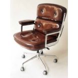 LOBBY ARMCHAIR, after a design by Charles and Ray Eames, hand finished leaf brown buttoned leather,