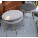 FOOT STOOLS, a pair, Mid Century Italian, upholstered in grey velvet, with gilt legs, 45cm diam.