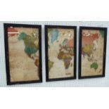 TRIPTYCH WORLD MAP, vintage cartography inspired finish, framed, 60cm x 35cm.