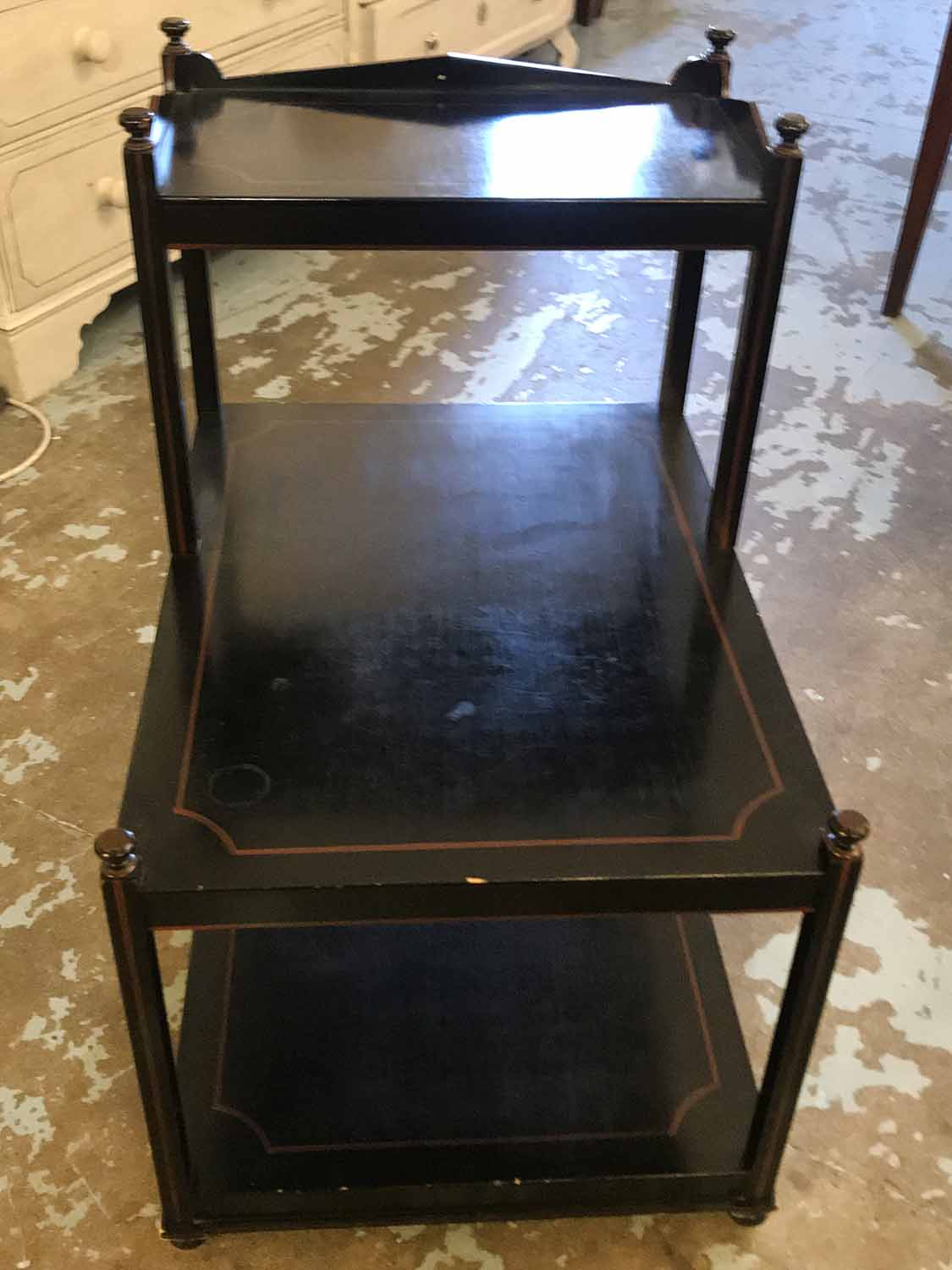 WILLIAM YEOWARD SIDE TABLE, three tiered in an ebonised and line painted finish, - Image 2 of 2