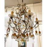 CHANDELIER, Bohemian cut glass six branch with glass pear droplets with amber glass leaves,
