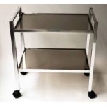 TROLLEY, mid century polished aluminium with two tier glass shelves and castors,