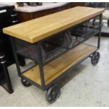 KITCHEN ISLAND, industrial style with produce baskets, on wheels, 120cm x45cm x76cm.