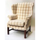 WINGBACK ARMCHAIR, George III design mahogany with check upholstery, 80cm W.