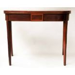 TEA TABLE, George III period mahogany foldover with satinwood lattice centre tablet,