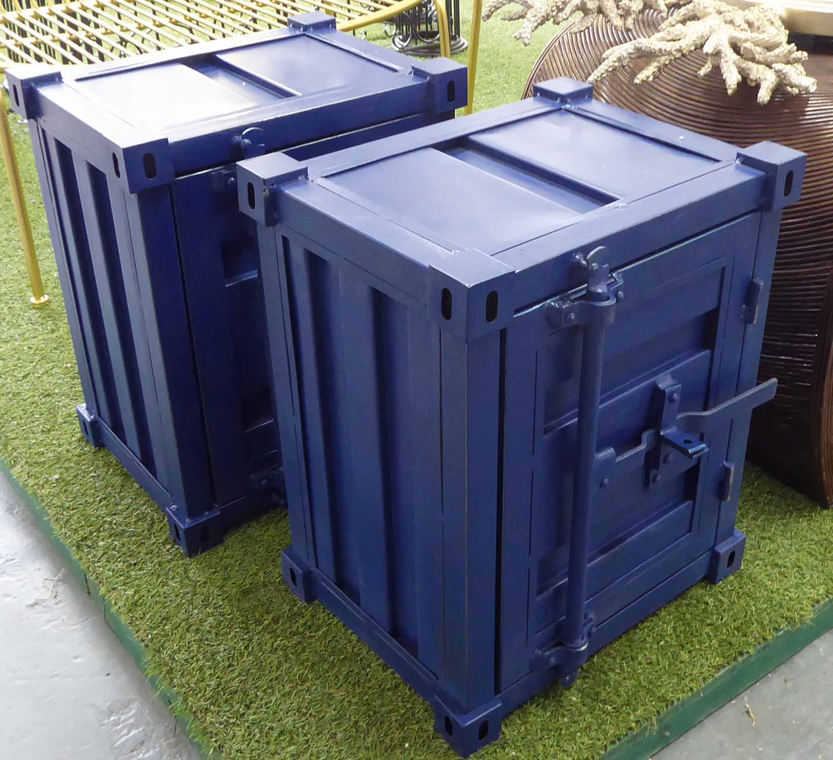 BEDSIDES, a pair, shipping container style, 46cm x 35cm x 56cm.