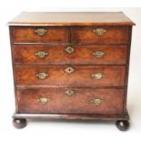 CHEST, early 18th century English Queen Anne figured walnut with two short and three long drawers,