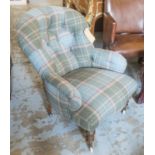 TUB CHAIR, Victorian in buttoned tartan fabric on turned supports, 70cm W x 84cm H.