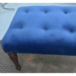 FOOTSTOOL, blue velvet upholstered, raised on turned walnut supports, 94cm L x 55cm W x 49cm H.