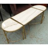 MAISON JANSEN INSPIRED COCKTAIL TABLE SET, three included, gilt metal with marble tops, widest 80.