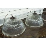 PENDANT CEILING LAMPS, a pair, ribbed glass, each 38cm W.