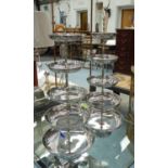 STANDS, a pair, silvered finish, five tiers each, 80cm H.