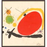 JOAN MIRO, Red sun on silk, plate signed, 82cm x 76cm.