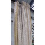 CURTAINS, a set of three, patterned foliate fabric with three curtain ties, 290cm drop x 100cm.