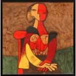 PABLO PICASSO 'Tete de Femme red' on silk, plate signed, 76cm x 75cm.