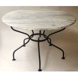 CENTRE TABLE, Italian circular striated veined white marble on angular stretchered metal frame,