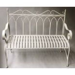 GARDEN BENCH, French white painted metal with sprung seat and scroll cresting, 110cm W.