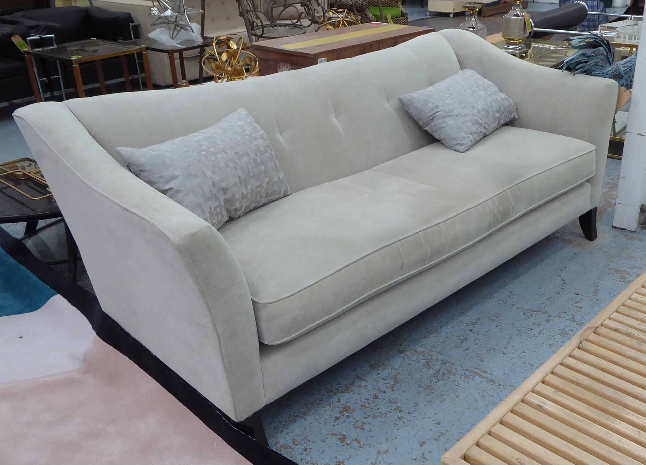 JOHN LEWIS SOFA, grey fabric finish with two scatter cushions on ebonised supports, 215cm W.