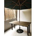 GARDEN TABLE AND PARASOL, weathered slatted teak serving table, with twin flaps,