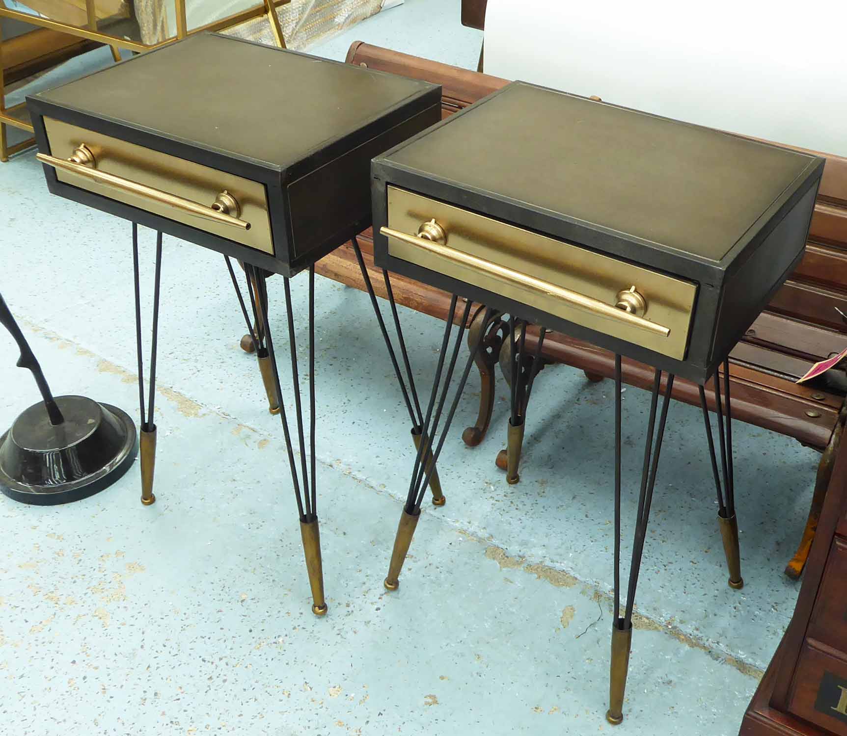 BEDSIDES, a pair, Hollywood Regency style, one drawer on each, 41cm x 34cm x 69cm.