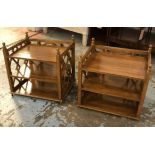 GEOFFREY BENNISON SIDE TABLES, a pair, with three tiered shelves and trellis sides,