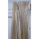 CURTAINS, a pair, foliate patterned fabric, 290cm drop x 90cm.