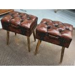 FOOTSTOOLS, a pair, in deep buttoned tan leather on gilt metal supports, (matching previous lot),