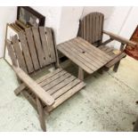 GARDEN ARMCHAIRS, weathered teak and slatted with two armchairs and conjoined table, 157cm W.