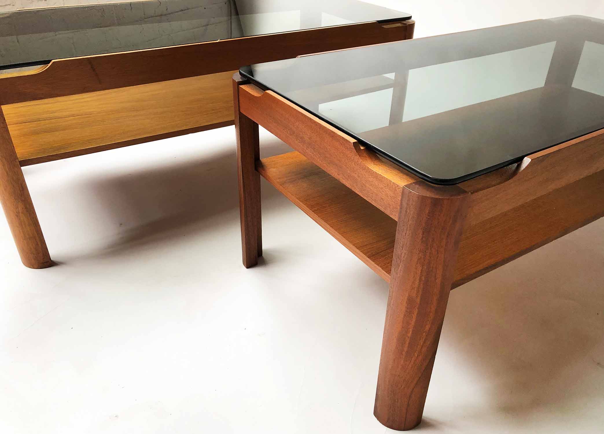 LOW TABLES, a pair, 1970's Myers teak rounded rectangular with sepia glass and undertier, - Image 3 of 3