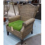 WING BACK ARMCHAIR, bamboo with velvet cushion with buttoned detail, (with slight faults)105cm H.