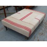 FOOTSTOOL, upholstered in a cream and red striped patchwork fabric, 75cm D x 98cm W x 32cm H.