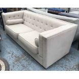 SOFA, contemporary three seater, with oatmeal linen upholstery and bolster cushions,