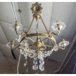 CHANDELIER, gilt metal with five branches each, with a glass sconce, 58cm W.