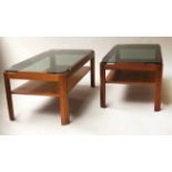 LOW TABLES, a pair, 1970's Myers teak rounded rectangular with sepia glass and undertier,