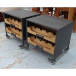 WINE RACK SIDE TABLES, industrial inspired design, on castors, 44cm x 35cm x 44cm.
