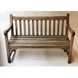 GARDEN BENCH, silvery weathered teak of slatted construction, 122cm W.